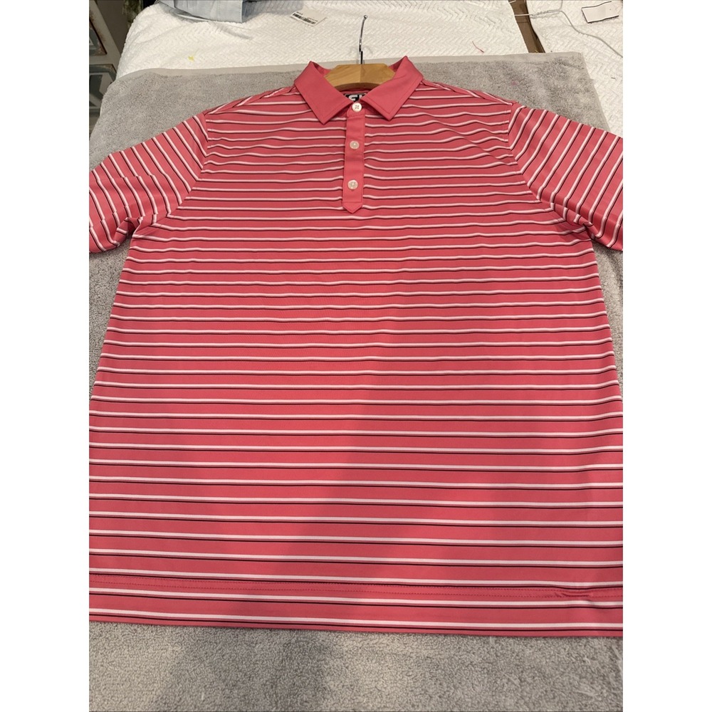 Footjoy Polo Shirt Mens M PINK/BLUE STRIPE SS Golf Performance ATHLETIC FIT - Picture 9 of 16